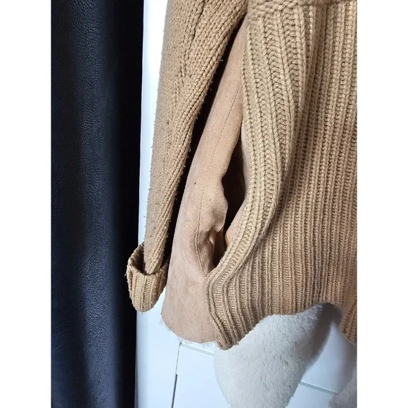 New York & CO Faux Suede Sherpa Lined Sleeveless Cardigan Tan Jacket Size M - Picture 4 of 8